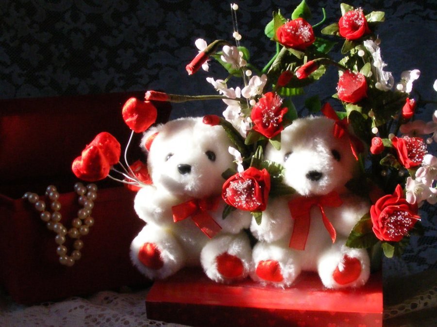 Beautiful Red Rose with Teddy in Heart Shaped Box with Artificial Flowers for